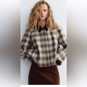 Zara plaid brown cropped barn jacket- Small Brown velvet collar